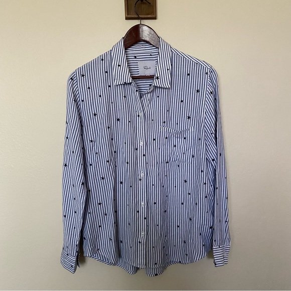Rails Rocsi Flocked Star Navy & White Stripe Rayon Button Down Blouse Sz Medium - Picture 2 of 5